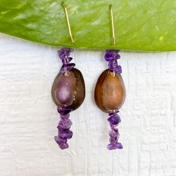 🐚14KGoldFilled Real Seashell/Amethyst Earrings - Picture 3 of 8
